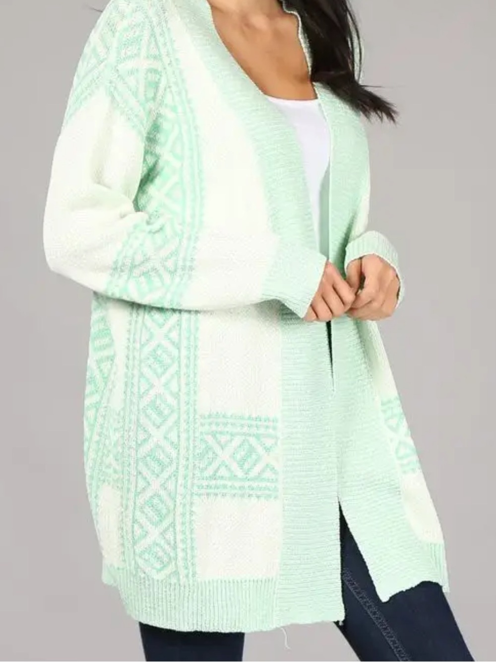 Oceanus Mint Green Open-Front Patterned Cardigan - Picture 5 of 5